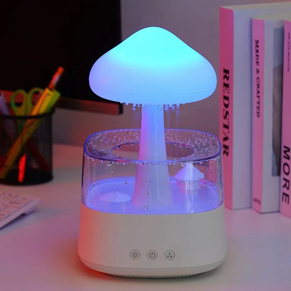 Moktan Sabai Mushroom Cloud Rain Humidifier with LED Night Light Quiet Diffuser White