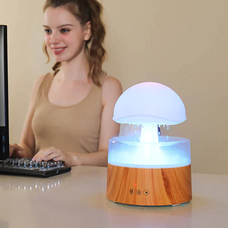 Moktan Sabai Mushroom Cloud Rain Humidifier with LED Night Light Quiet Diffuser Wood