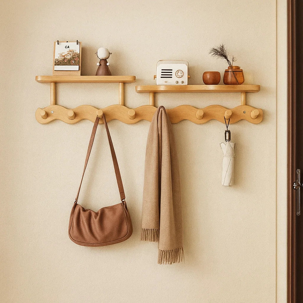 Moktan Sabai Bamboo Wall Coat Rack | Entryway Shelf & Hook Organizer Oak 8