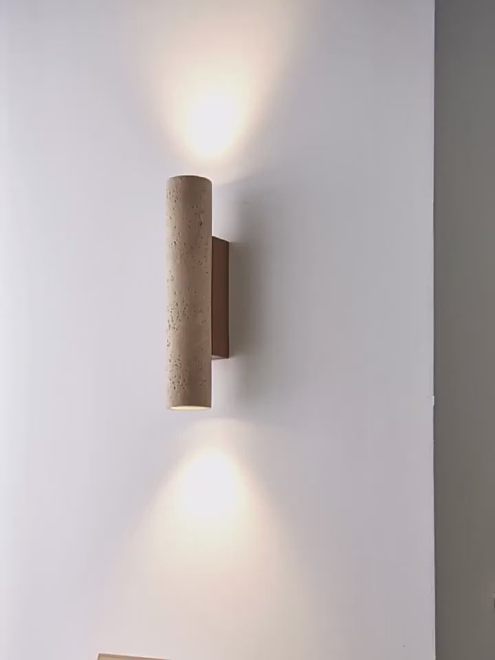 Load video: Modern Travertine Marble Cylinder LED Wall Sconce Warm White