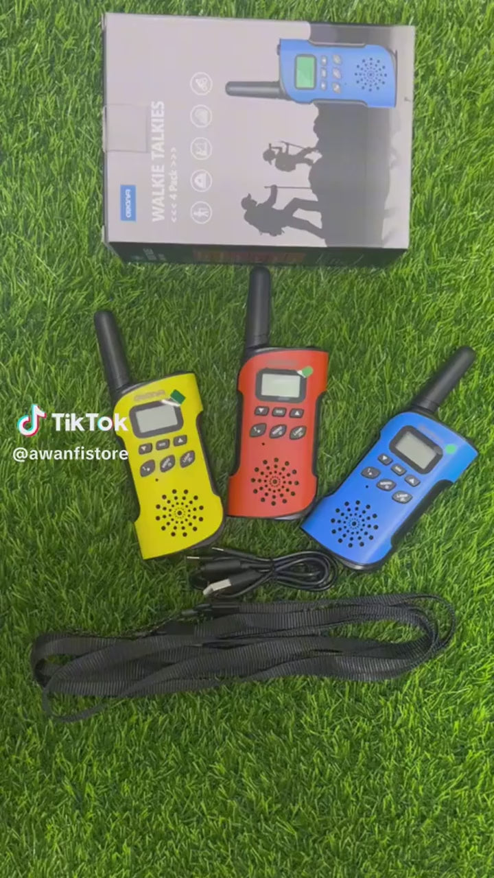 Load video: Rechargeable Walkie Talkies 4 Pack Long Range Kids Radios USB C Camping
