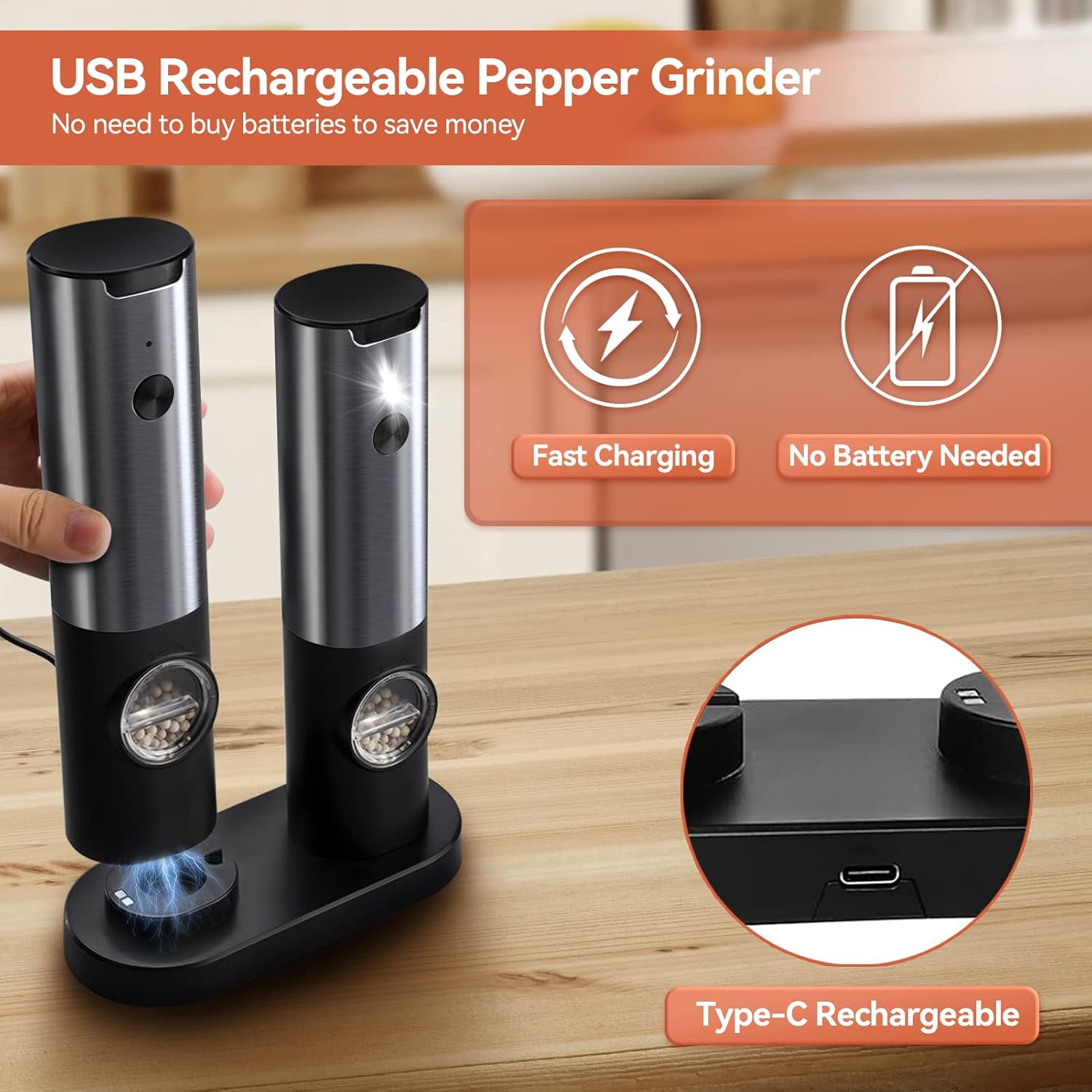 Moktan Sabai Rechargeable Electric Salt and Pepper Grinder Set LED Adjustable Mill