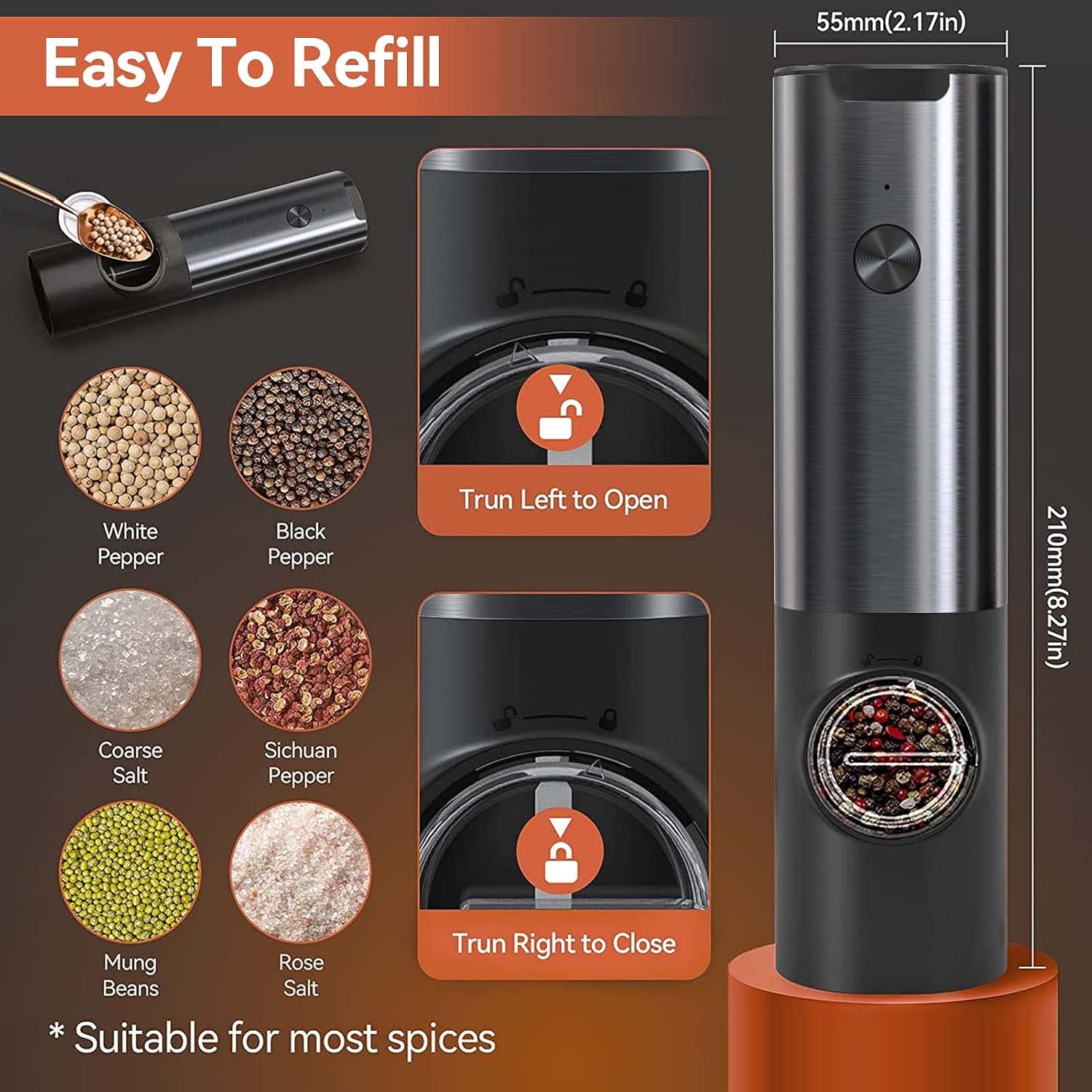 Moktan Sabai Rechargeable Electric Salt and Pepper Grinder Set LED Adjustable Mill