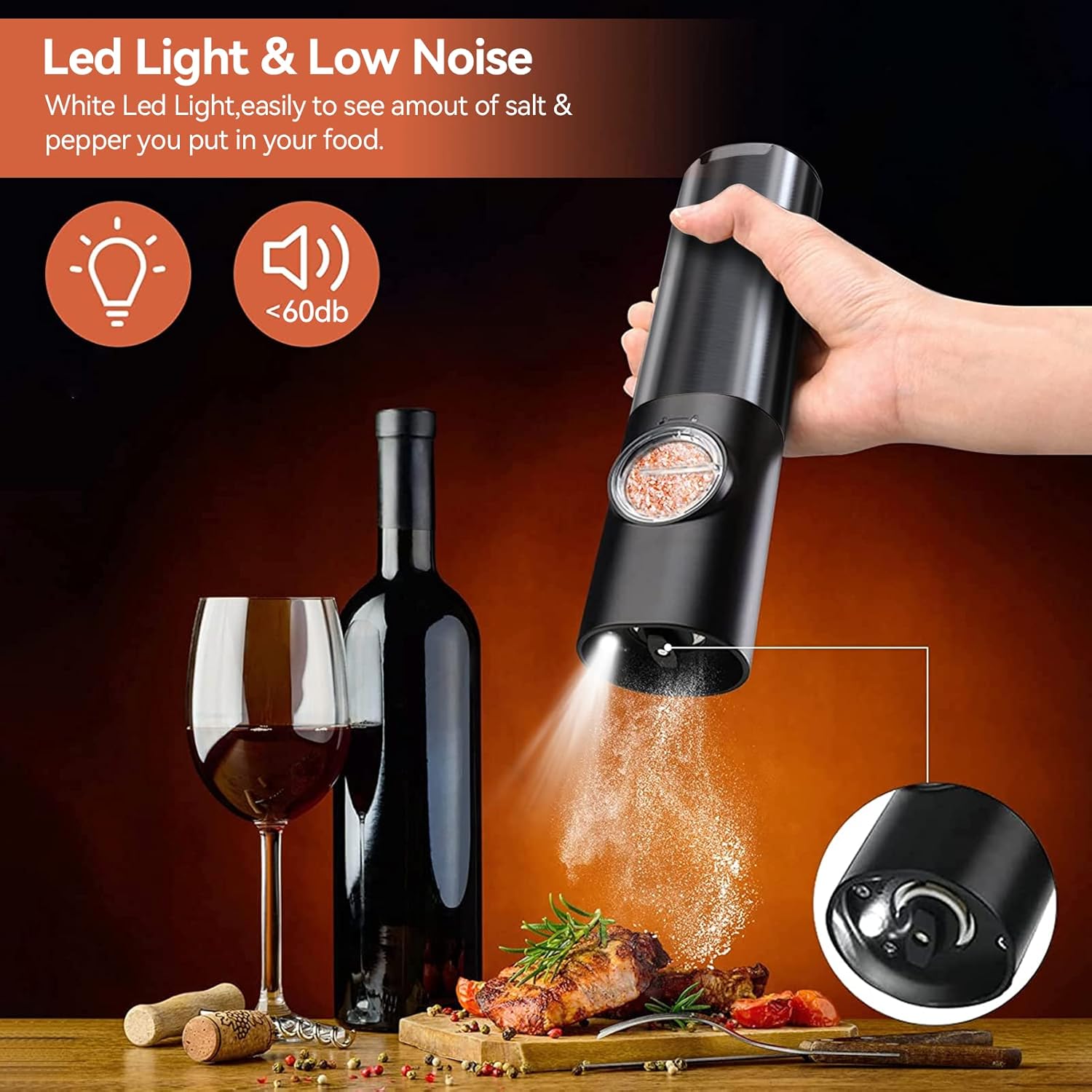 Moktan Sabai Rechargeable Electric Salt and Pepper Grinder Set LED Adjustable Mill