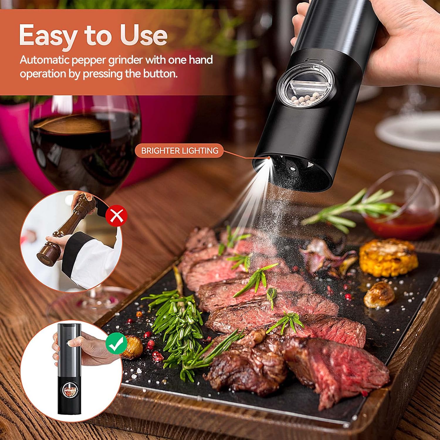 Moktan Sabai Rechargeable Electric Salt and Pepper Grinder Set LED Adjustable Mill