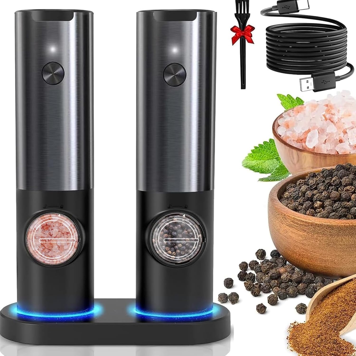 Moktan Sabai Rechargeable Electric Salt and Pepper Grinder Set LED Adjustable Mill Black