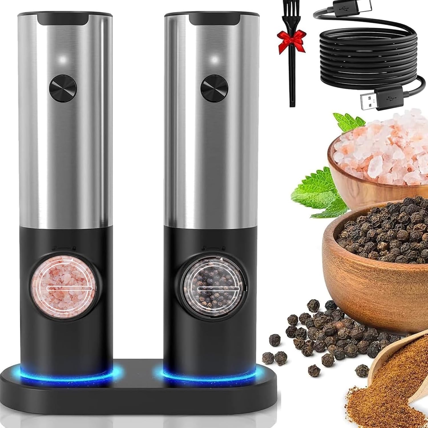 Moktan Sabai Rechargeable Electric Salt and Pepper Grinder Set LED Adjustable Mill Silver
