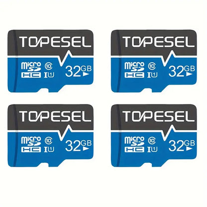 Four TOPESEL microSDHC cards with 32GB capacity on a white background
