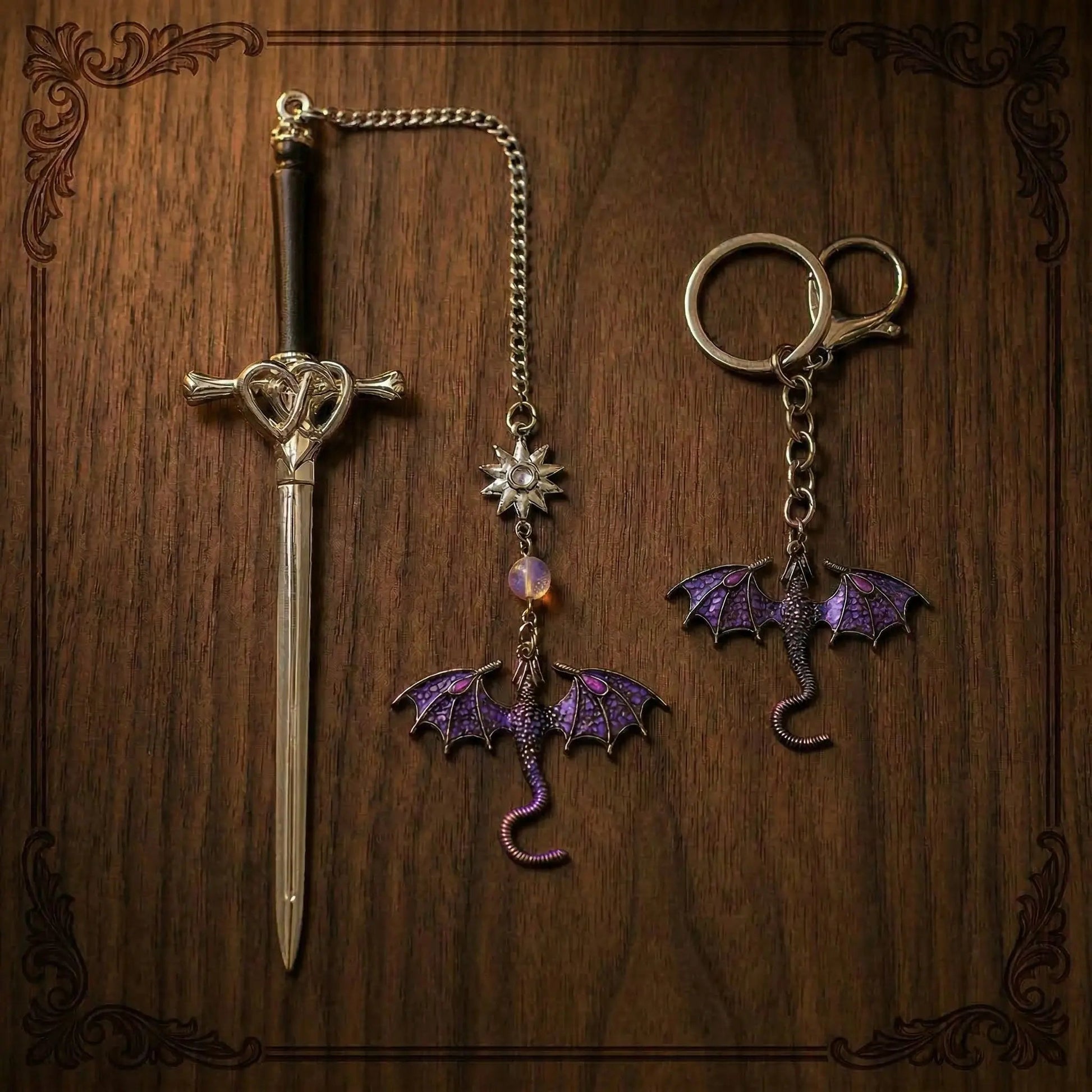 Moktan Sabai Dragon Sword Bookmark Keychain Set | Fantasy Metal Reading Accessory Bundle Amethyst