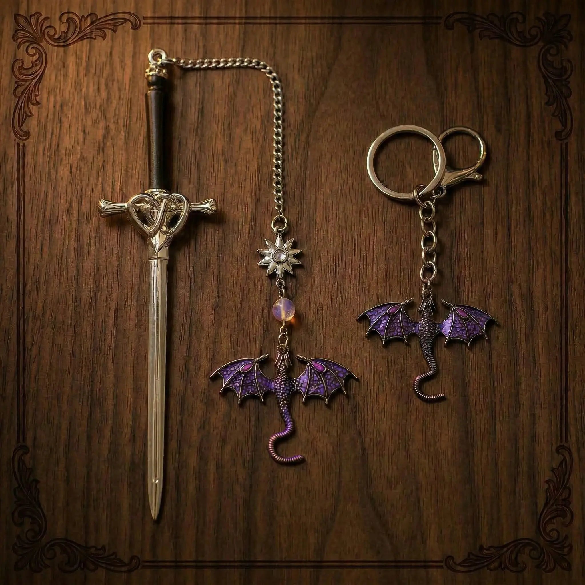 Moktan Sabai Dragon Sword Bookmark Keychain Set | Fantasy Metal Reading Accessory Bundle Amethyst