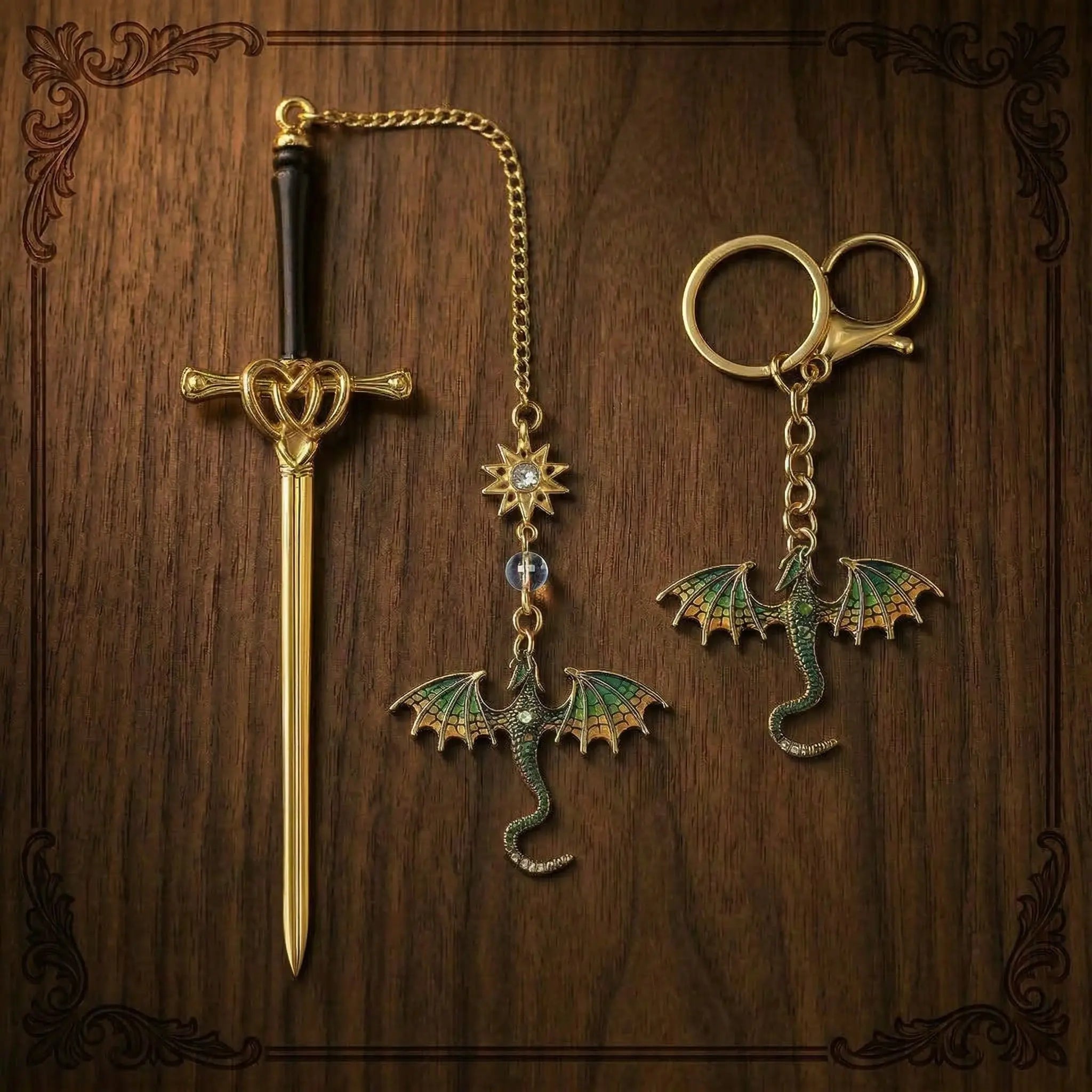 Moktan Sabai Dragon Sword Bookmark Keychain Set | Fantasy Metal Reading Accessory Bundle Emerald