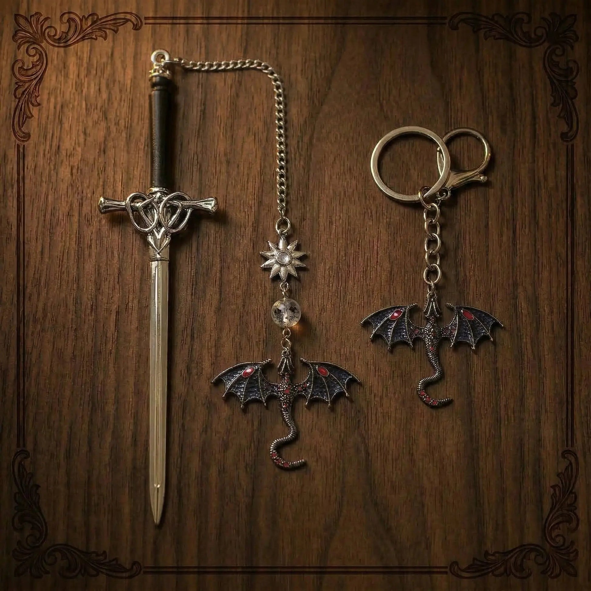 Moktan Sabai Dragon Sword Bookmark Keychain Set | Fantasy Metal Reading Accessory Bundle Obsidian