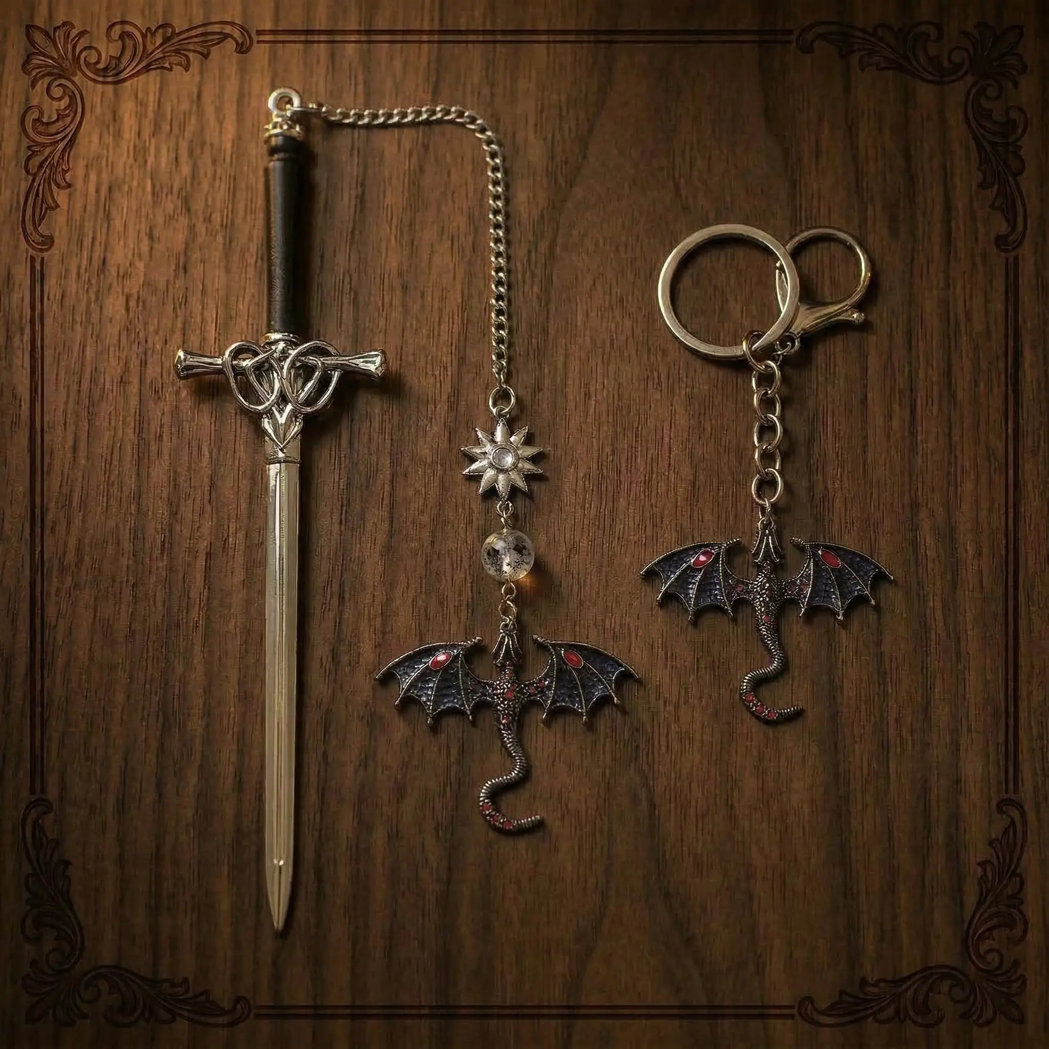 Moktan Sabai Dragon Sword Bookmark Keychain Set | Fantasy Metal Reading Accessory Bundle Obsidian