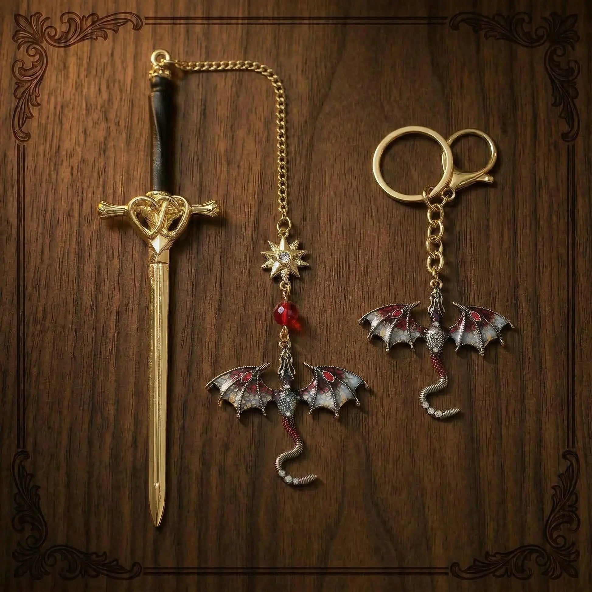 Moktan Sabai Dragon Sword Bookmark Keychain Set | Fantasy Metal Reading Accessory Bundle Ruby