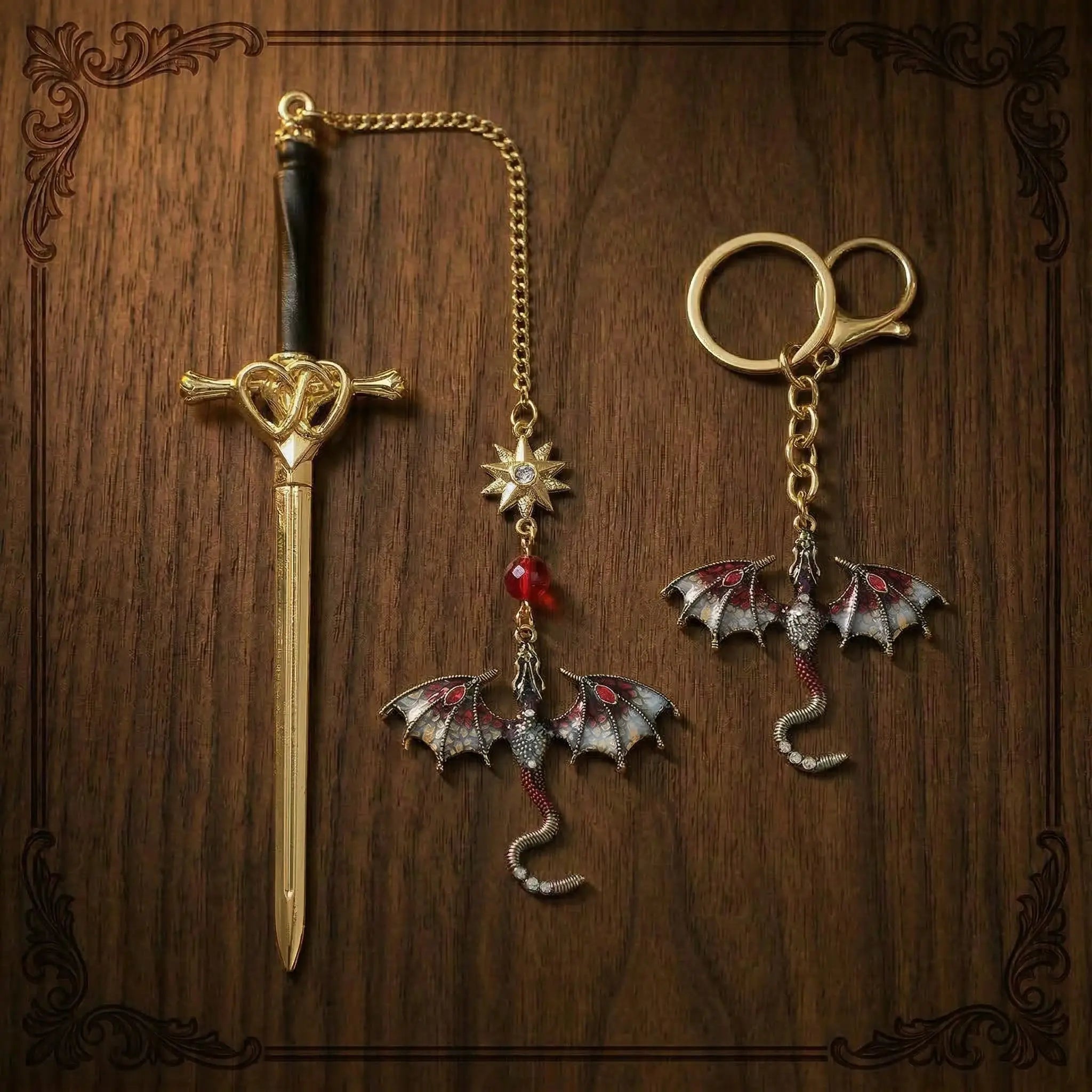 Moktan Sabai Dragon Sword Bookmark Keychain Set | Fantasy Metal Reading Accessory Bundle Ruby