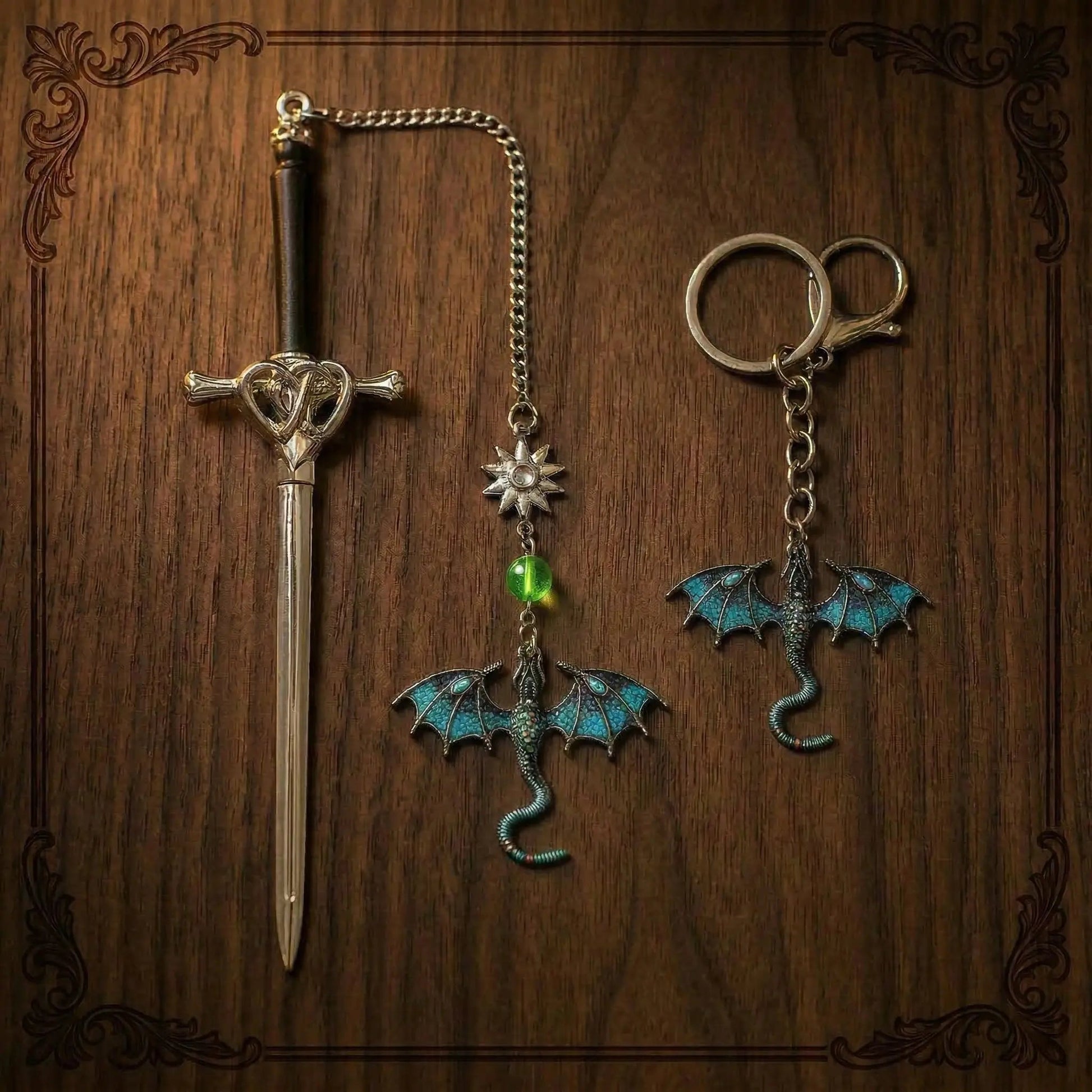 Moktan Sabai Dragon Sword Bookmark Keychain Set | Fantasy Metal Reading Accessory Bundle Sapphire