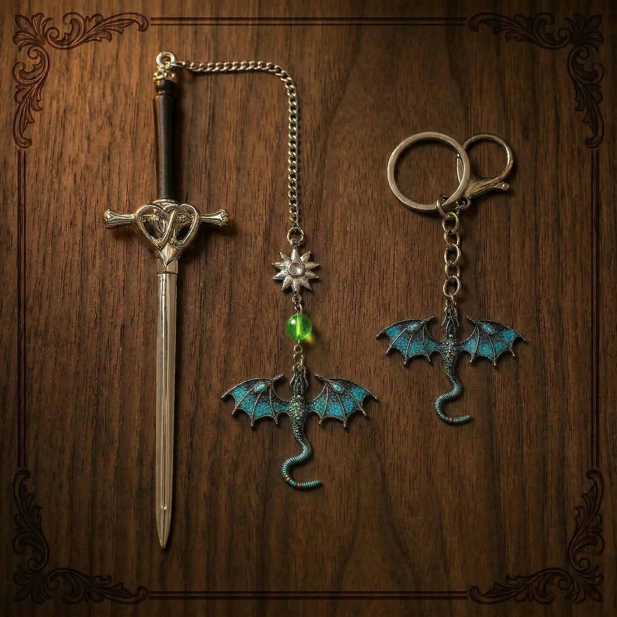 Moktan Sabai Dragon Sword Bookmark Keychain Set | Fantasy Metal Reading Accessory Bundle Sapphire