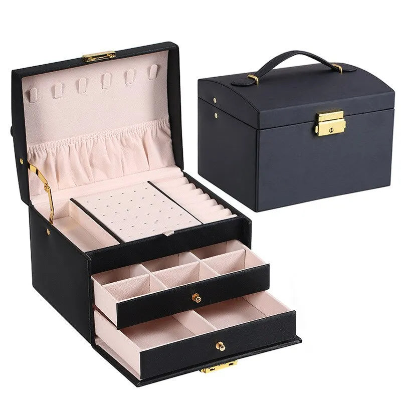 Moktan Sabai 3 Layer Leather Jewelry Box Organizer with Drawers Velvet Lined 17.5cm BLACK