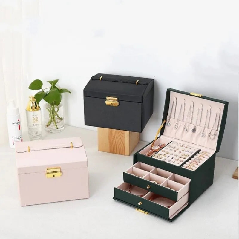 Moktan Sabai 3 Layer Leather Jewelry Box Organizer with Drawers Velvet Lined 17.5cm