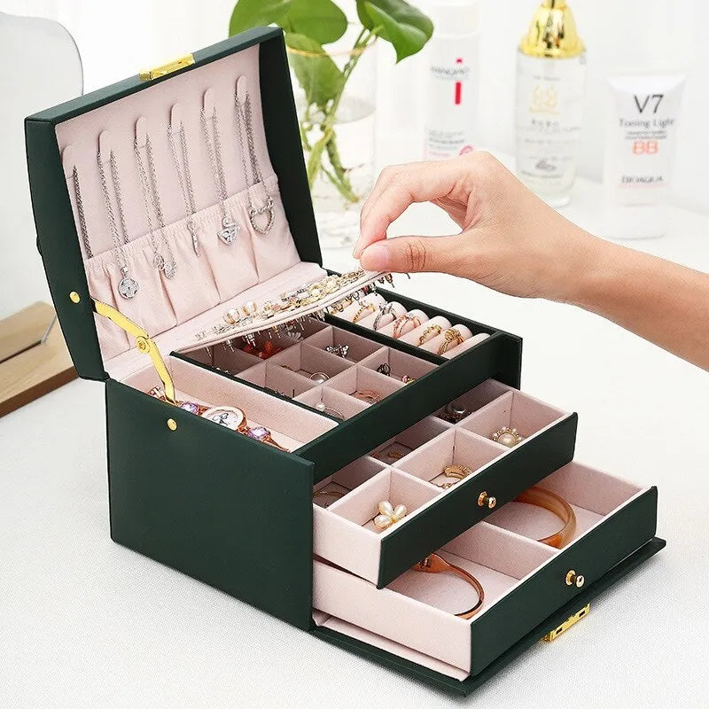 Moktan Sabai 3 Layer Leather Jewelry Box Organizer with Drawers Velvet Lined 17.5cm