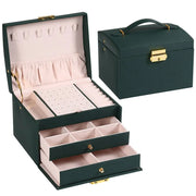 Moktan Sabai 3 Layer Leather Jewelry Box Organizer with Drawers Velvet Lined 17.5cm GREEN