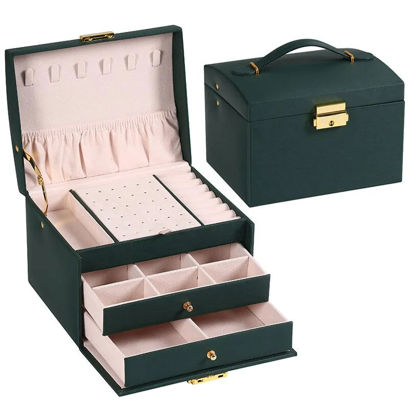 Moktan Sabai 3 Layer Leather Jewelry Box Organizer with Drawers Velvet Lined 17.5cm GREEN