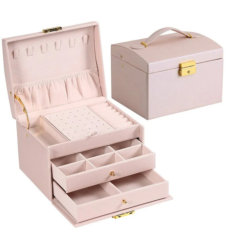 Moktan Sabai 3 Layer Leather Jewelry Box Organizer with Drawers Velvet Lined 17.5cm PINK
