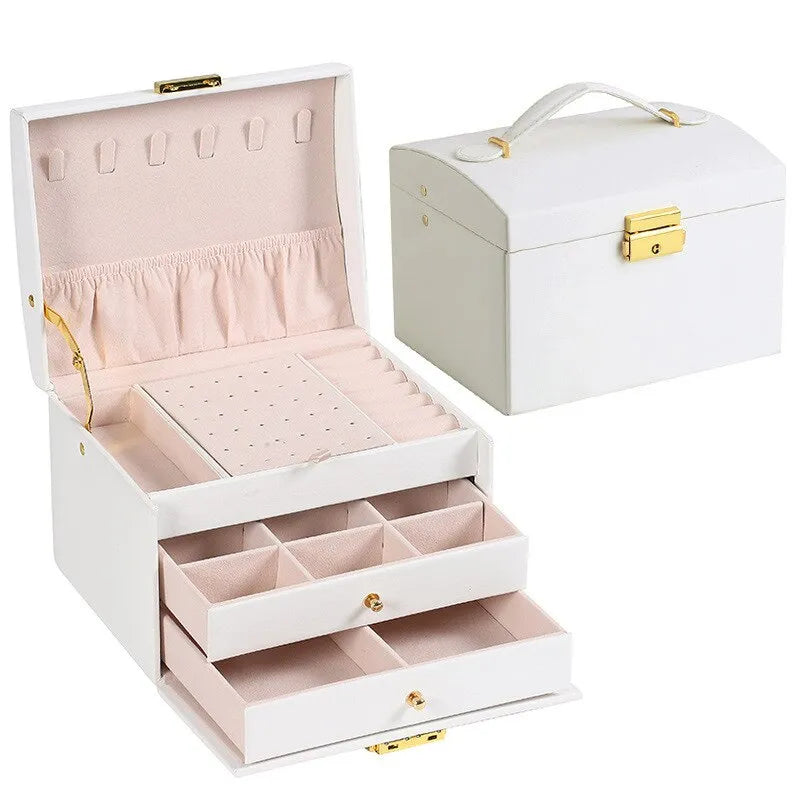 Moktan Sabai 3 Layer Leather Jewelry Box Organizer with Drawers Velvet Lined 17.5cm WHITE