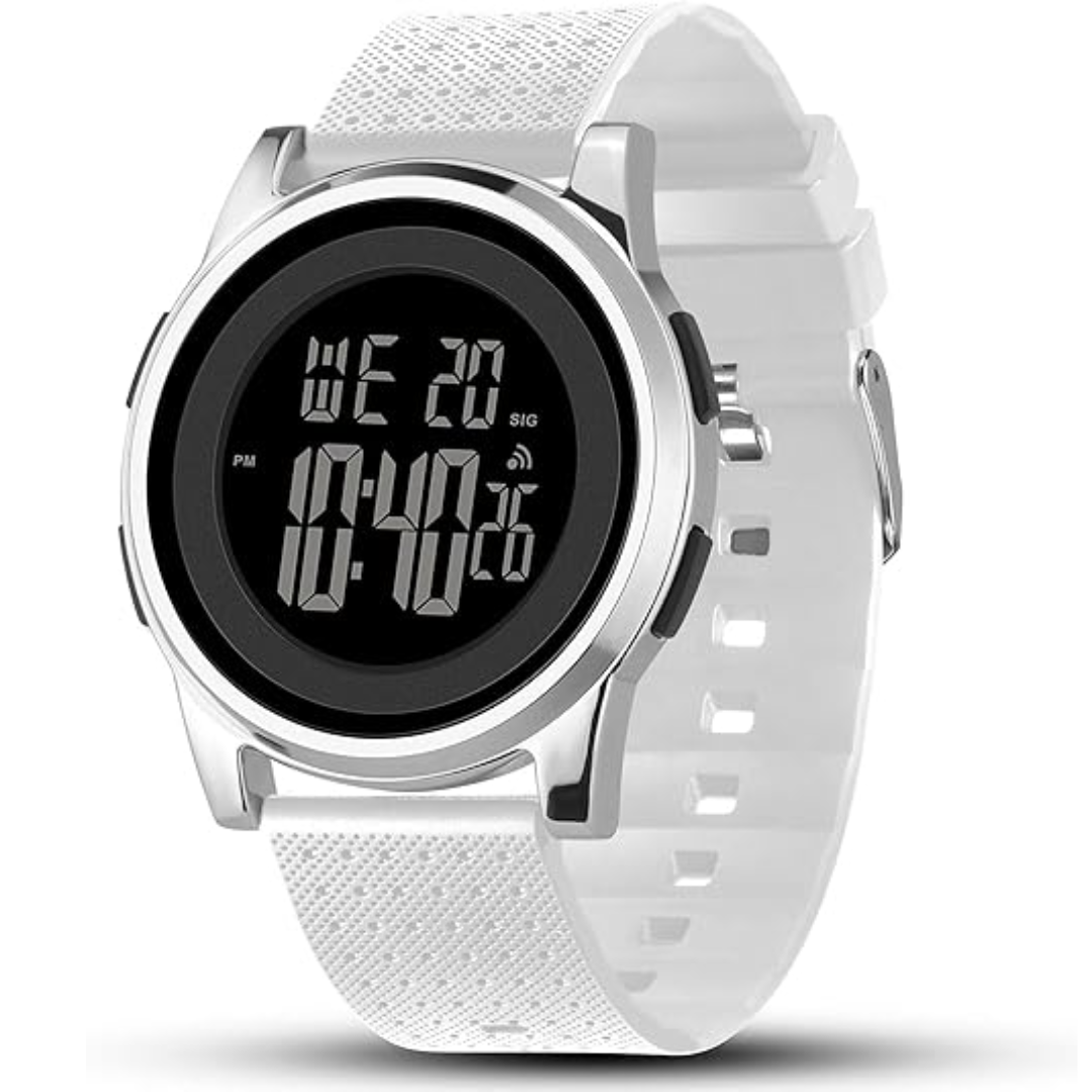 Moktan Sabai Ultra-Slim Digital Sports Watch 50M Waterproof Stainless Steel Silver White