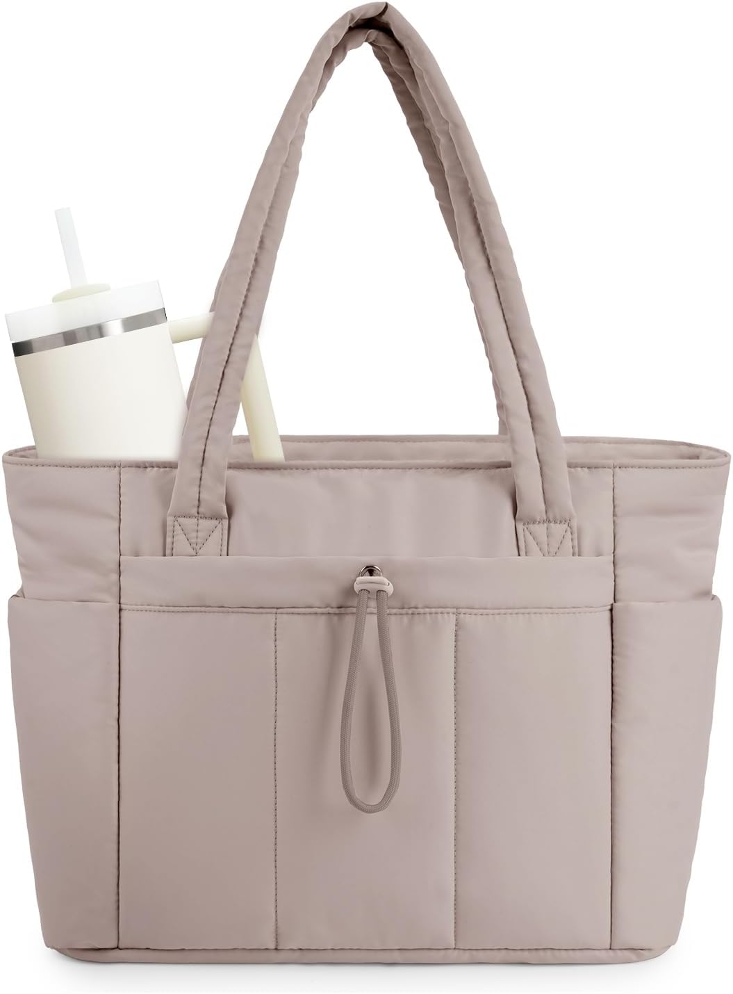 Moktan Sabai Quilted Puffer Tote Bag with Laptop Sleeve & Cup Holder 20L Travel Work Beige