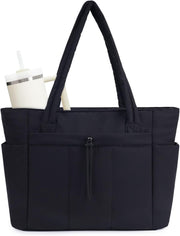Moktan Sabai Quilted Puffer Tote Bag with Laptop Sleeve & Cup Holder 20L Travel Work Black