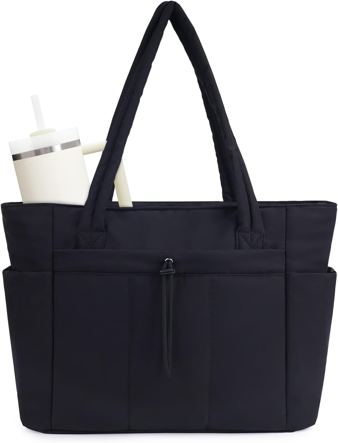 Moktan Sabai Quilted Puffer Tote Bag with Laptop Sleeve & Cup Holder 20L Travel Work Black