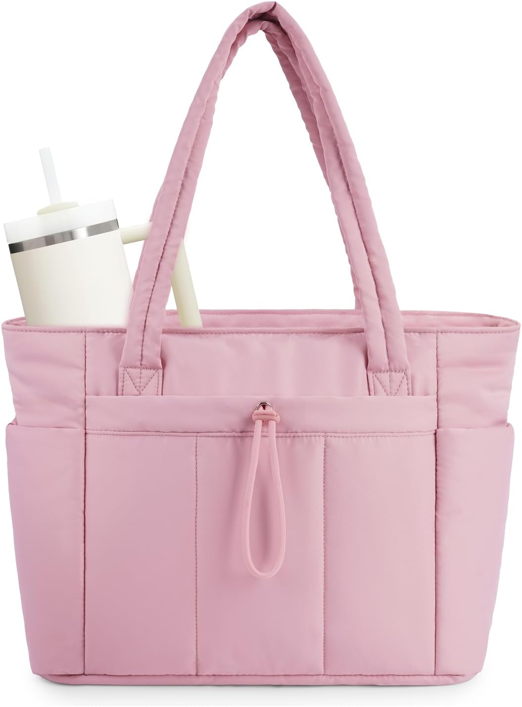Moktan Sabai Quilted Puffer Tote Bag with Laptop Sleeve & Cup Holder 20L Travel Work Pink