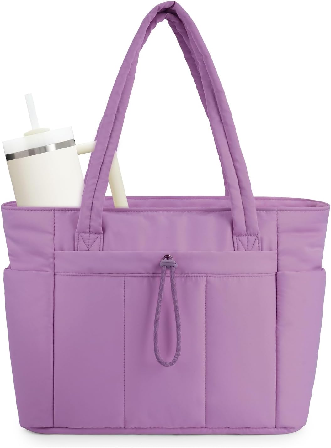 Moktan Sabai Quilted Puffer Tote Bag with Laptop Sleeve & Cup Holder 20L Travel Work Purple