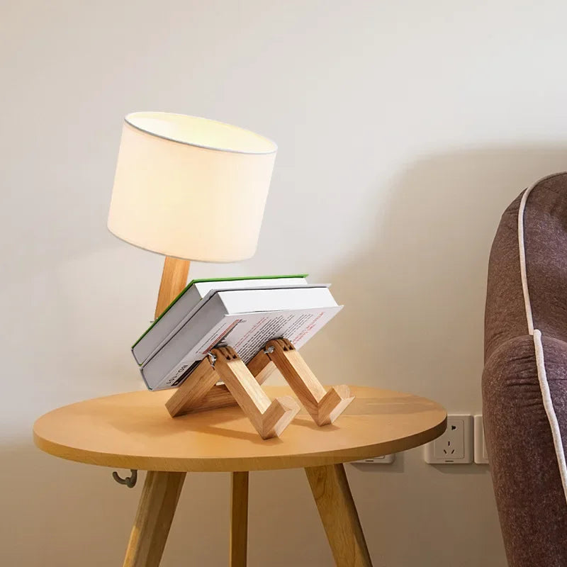 Moktan Sabai Adjustable Wooden Robot Table Lamp E27 Bedside Light with