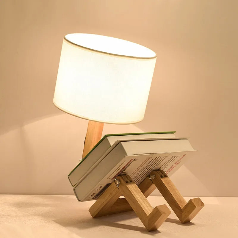 Moktan Sabai Adjustable Wooden Robot Table Lamp E27 Bedside Light with