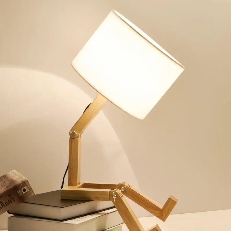 Moktan Sabai Adjustable Wooden Robot Table Lamp E27 Bedside Light with